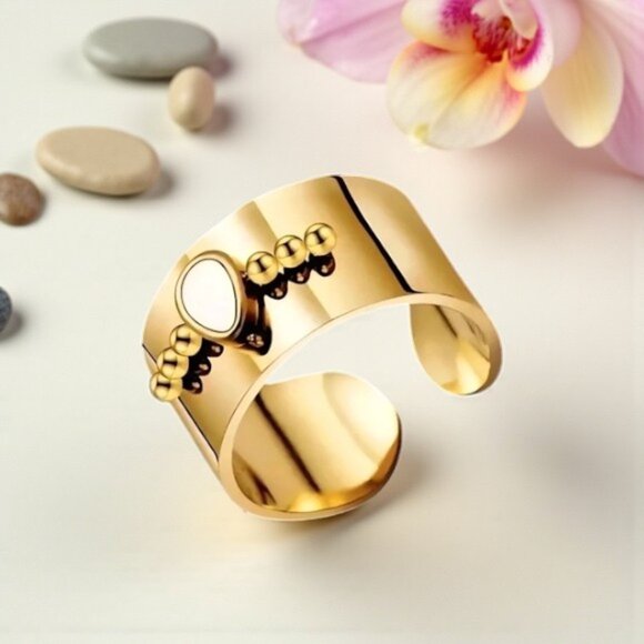 🆕 Boho Chic Wide Band Ring 18K Gold Plated Stainless Steel Natural Shell - Picture 12 of 12